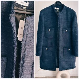 Mango Tweed Textured Open Front Coat Longline Jacket